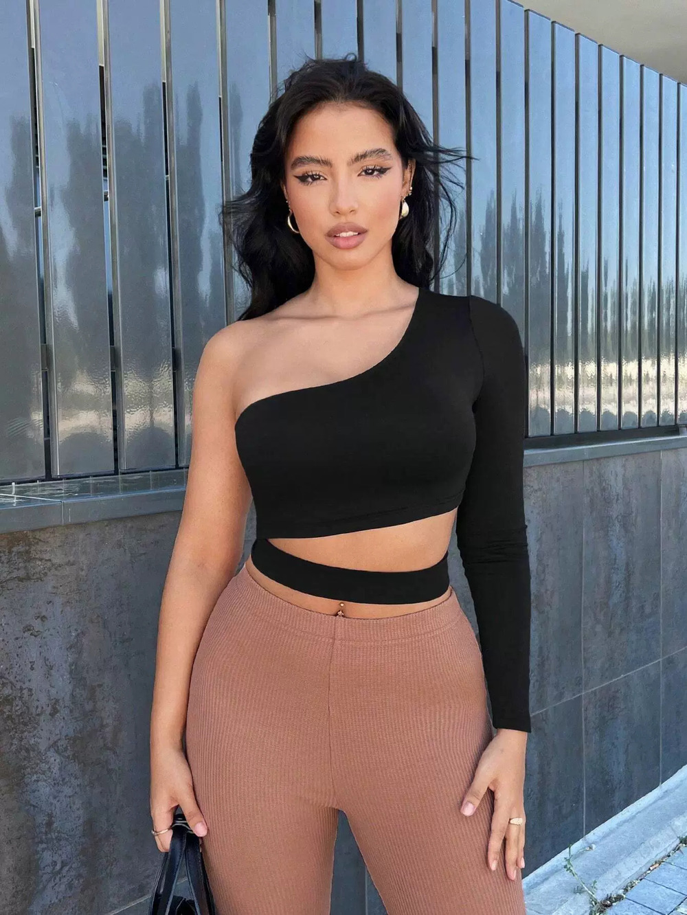 ZARA Street Style Slant Neck Long Sleeve Slim Cropped Uneven Solid Top